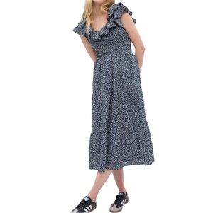 GAP Flutter Sleeve Smocked Floral Midi Dress Blue Small Petite